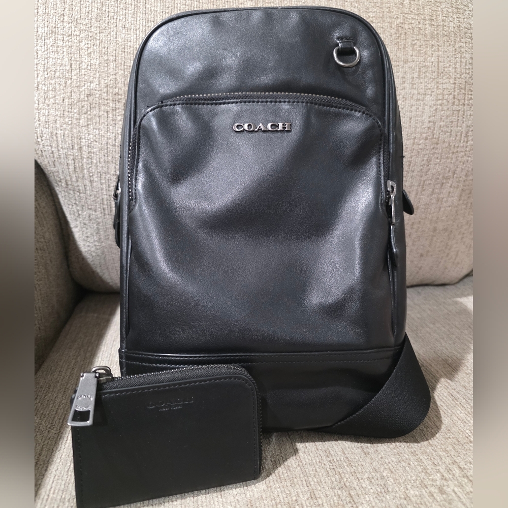 COACH Men's Graham Unisex Black Leather Sling Bag & Card Case Wallet